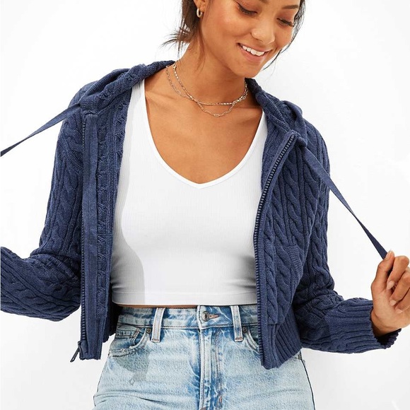 AE Cropped Cable Knit Zip-Up Sweater Dark Blue Navy - Picture 3 of 4